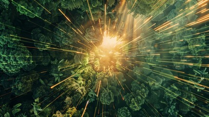 Obraz premium Stunning image of a sunburst effect amidst lush green forest with dynamic light streaks.