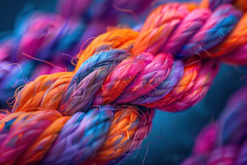 Macro image of a multi-colored rope with fibers on a blue background. Generated by artificial intelligence