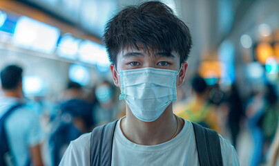 young asian man wearing a covid/ disposable surgical mask in crowded public area - airport / train station / metro/ subway area