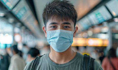 young asian man wearing a covid/ disposable surgical mask in crowded public area - airport / train station / metro/ subway area