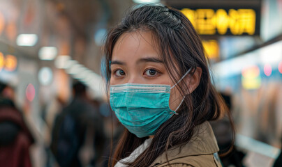 young asian woman wearing a covid/ disposable surgical mask in public area - airport / train station / metro/ subway area