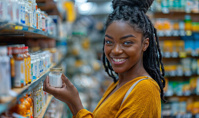 black young woman in her 30s smiling in pharmacy holding a vitamin bottle, advertising banner with copy space