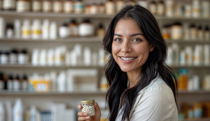 black hair woman in her 30s smiling in pharmacy holding a vitamin bottle, advertising banner with copy space