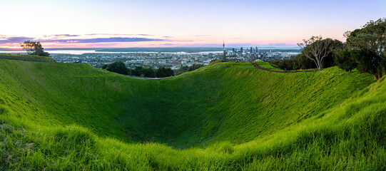 Aerial: mt eden volcano at dusk, Auckland, New Zealand