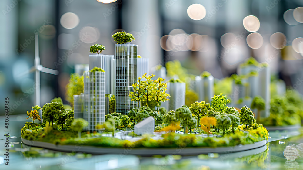 Wall mural A 3D printed model of a sustainable city, with green spaces and renewable energy sources in the background, during an environmental innovation summit