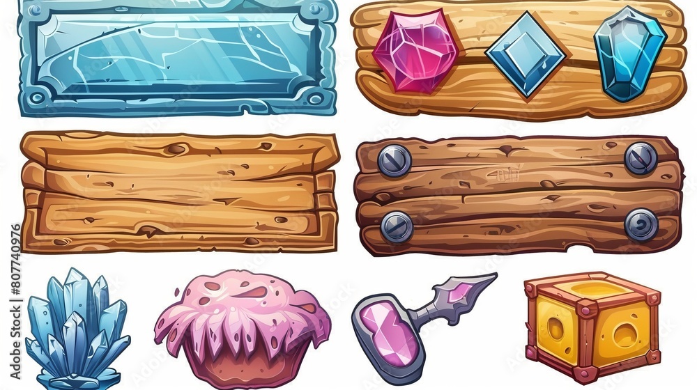 Poster 2d isolated modern set of game ui buttons for an app interface, cartoon menu plaques or banners. ice