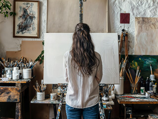 woman seen from behind looking at a blank white canvas in her art studio / painter artist at work or out of inspiration	

