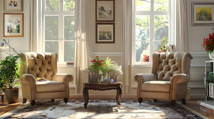 Living room interior with armchairs, a coffee table and pictures on the wall
