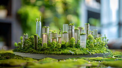 A 3D printed model of a sustainable city, with green spaces and renewable energy sources in the background, during an environmental innovation summit