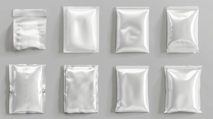 Mockup of wet wipes white paper or foil packaging, isolated blank boxes for food, sugar, salt, coffee or cosmetics samples on transparent background, realistic 3D mockup.