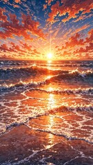 Realistic anime style sunset over sea with ocean waves and nice sky portrait