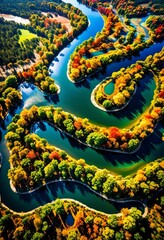 Obraz premium picturesque aerial view serpentine river meandering through beauty captured from above, scenic, landscape, drone, exploration, majestic, wilderness, top, greenery