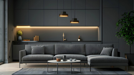 Modern interior design of a living room and kitchen with a gray sofa, coffee table, wall lighting lamps and accessories