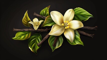 Elegant illustration of cream-colored flowers with vibrant green leaves on a dark background.