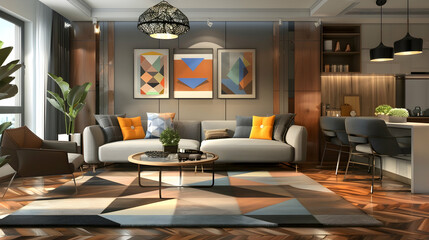 Modern interior design of the living room with a sofa, coffee table and chairs in an apartment with a wooden floor, geometric carpet on the ground and a modern pendant