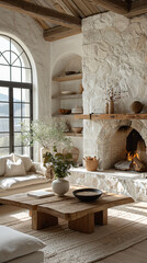 side angle, modern minimal airy organic, living room, arched rift sawn white oak built in in corner, soft white and beige rough stone fireplace to ceiling, fire burning in fireplace, muted green tree 