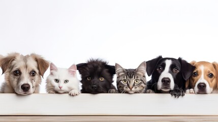 A group of dogs and cats are standing in a row, looking at the camera