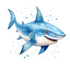 Obraz premium watercolor childish illustration of cartoon shark on white background