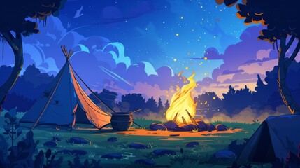 Camping banner with tent, bonfire, and bowler. Modern social media template for tourism, hiking, vacationing in nature, with tent, cauldron, and cartoon illustration of campfire.
