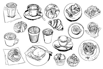Coffee cups and pastries, buns, breakfast.. Black ink drawing on a white background.