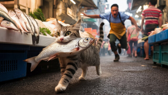 The cat stole fish from the fish counter and runs through the market and runs away from the seller.