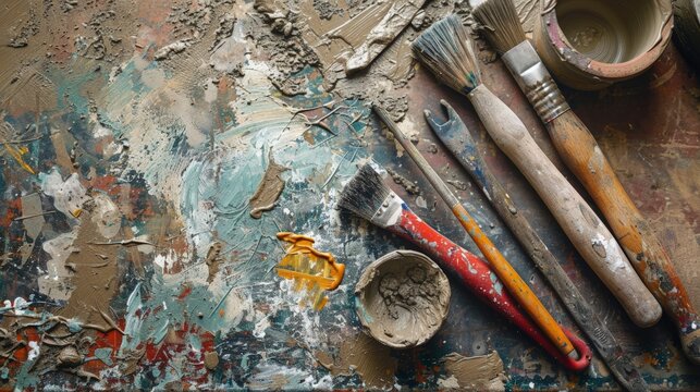 A close-up of a potters well-worn tools laid out on a clay-splattered work surface - Powered by Adobe