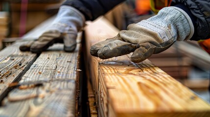 Close-up of a workers gloved hands carefully guiding a heavy piece of lumber into place