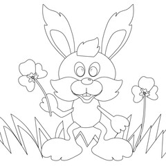 Happy rabbit with poppy on grass. Black and white. Cartoon vector illustration for coloring book.