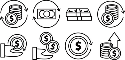 Dollar earnings return icons set.