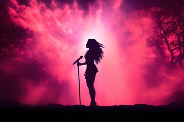 silhouette of a female pop singer with microphone on foggy pink lighting background with trees