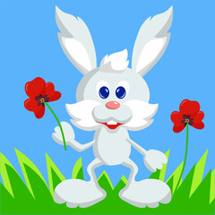 Happy rabbit with red poppy on green grass. Cartoon vector illustration.