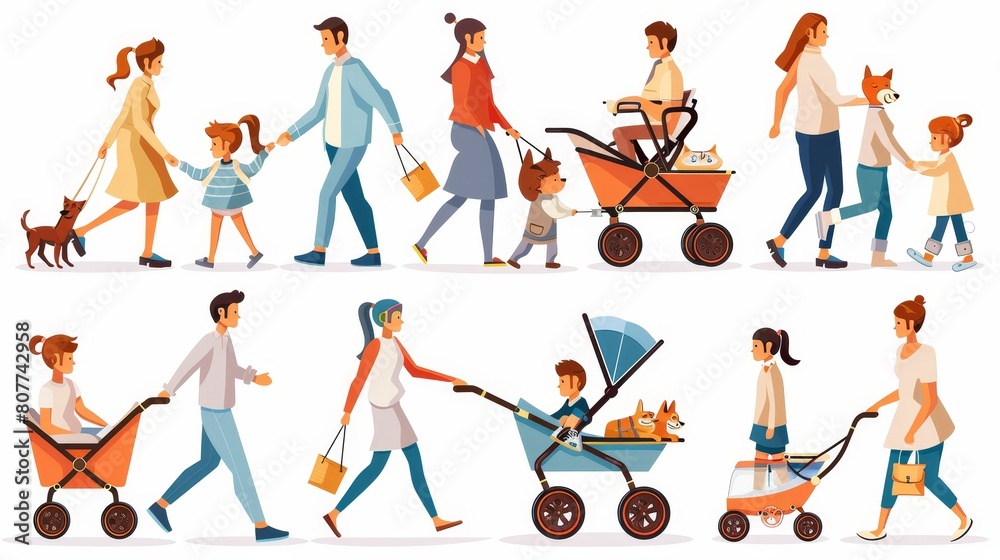 Wall mural a set of happy characters isolated on a white background walks with a dog, pushes a baby carriage, r