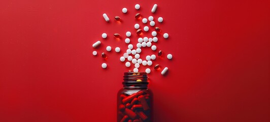 Obraz premium Medical pills are pouring out of a bottle. On a red background. View from above . Medicine concept.