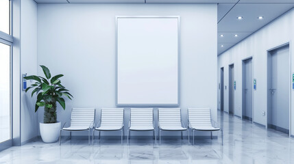 Bright, modern waiting room with white chairs, a large empty poster, and a potted plant.