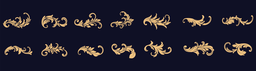 Gold vintage flourish ornaments, elegant border frame, filigree, damask, baroque, swirls and scrolls decorations retro design vector