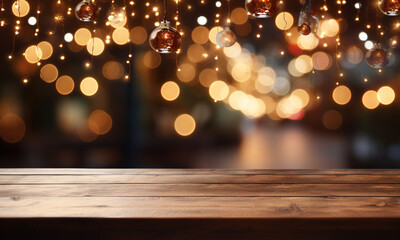 Selective focus of dark wooden countertop with golden sparkles and bokeh. background with copy space