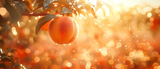 Soft focus on a fuzzy peach, warm golden sunlight, perfect for a summer fruit festival poster