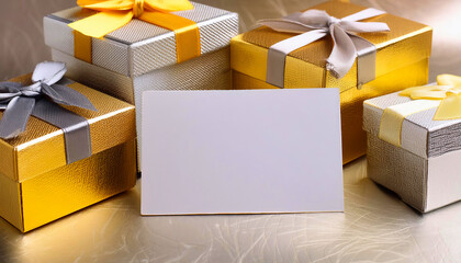 Gold and silver gift boxes with elegant ribbons, featuring a white card with copy space for personal messages.

