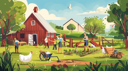 The farmer and her family work on the farm and garden. Modern flat illustration of the farmers shearing sheep, watering vegetables, feeding hens and growing plants with wheelbarrows and rakes.