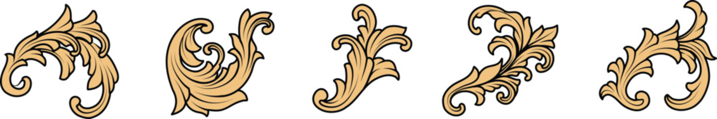 Set of baroque filigree ornament, golden flourish elements vector isolated on transparent background