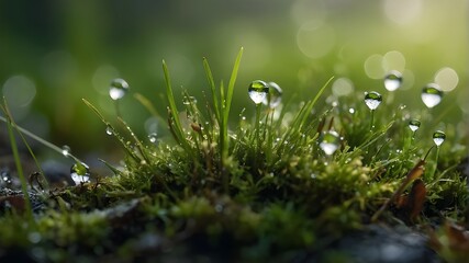 macro shots of grass and moss with lifelike dewdrops