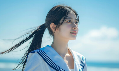 海辺にいるセーラー服の少女