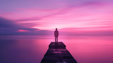 This mesmerizing digital art piece captures the serene beauty of a silhouette against a breathtaking gradient sky. A lone figure stands on the pier, their silhouette stark against the soft hues 