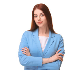 Portrait of beautiful businesswoman with crossed arms on white background