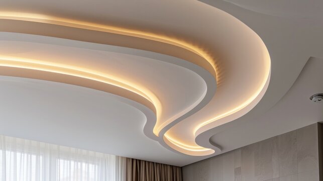 suspended ceiling with halogen led lamps and drywall construction in empty room in apartment or house. Stretch ceiling white and complex shape.