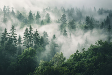 Ethereal view of a dense, misty forest with sunlight filtering through, creating a tranquil and mysterious natural scenery