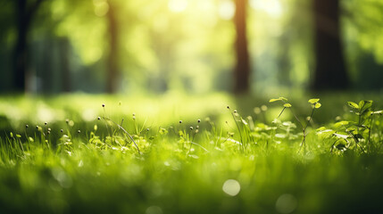 defocused woodland scene, grass trees, white flowers, low evening sun, green background concept