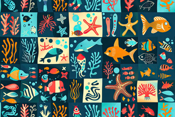 Naklejka premium Sea life seamless patchwork pattern. Vibrant underwater life, seamless patchwork pattern with colorful mosaic of fish, starfish, coral and bubbles, perfect for sea themed design