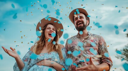 Gender reveal announcement outdoor. Loving family expecting baby boy. Happy moments of parenthood. baby shower party