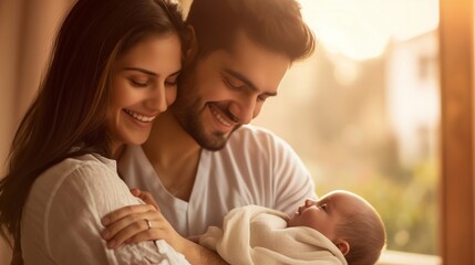 A happy couple hugs their newborn little baby at home, the woman and man became parents. Family Happiness: A pair Hugs Their child, Starting a New Chapter Filled with Love